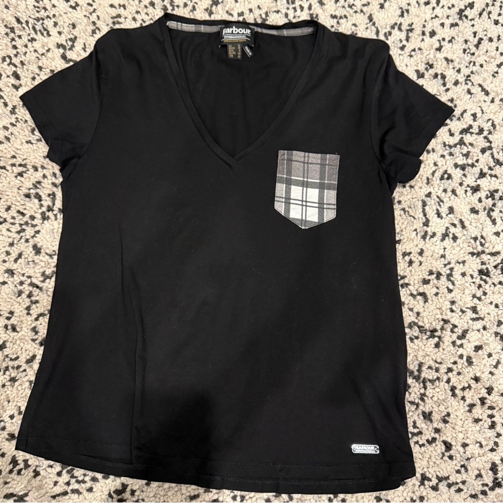 Barbour Women’s Black V Neck TShirt with Checkered Pocket
